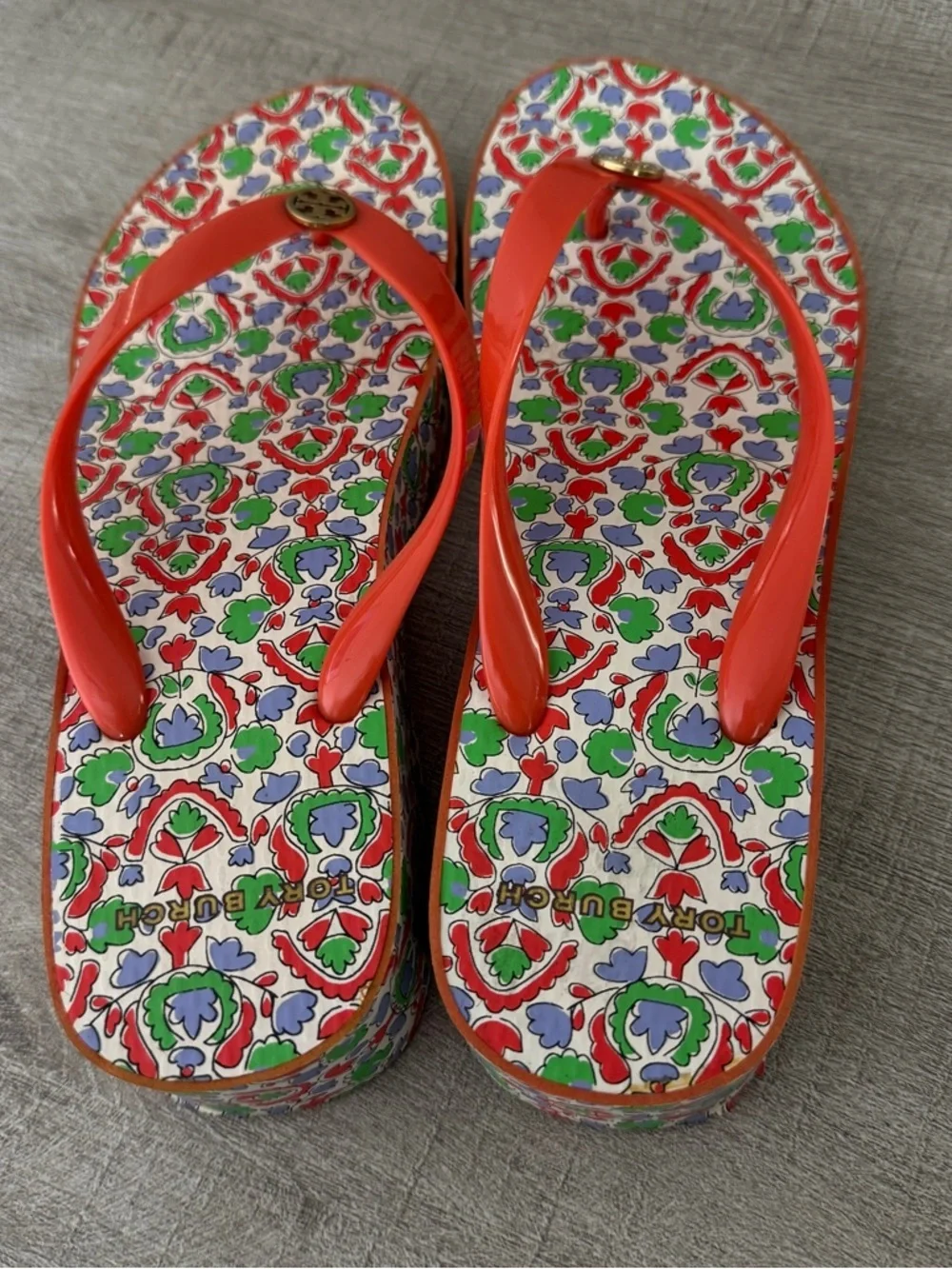 Tory Burch Wedge Flip Flop Sandals Orange Green Size 10